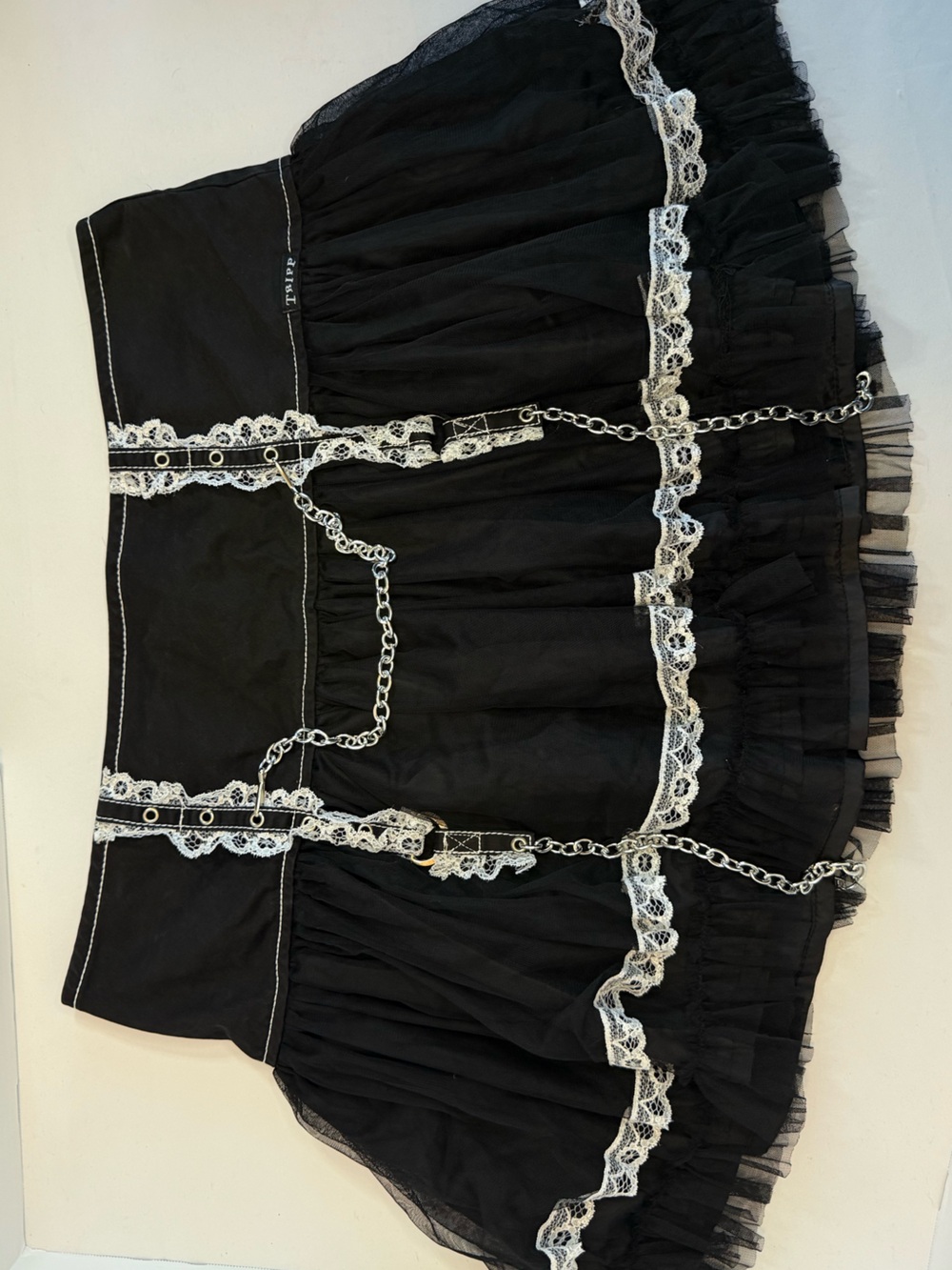 Black Lace-Trim Circle Skirt with Chain Accent